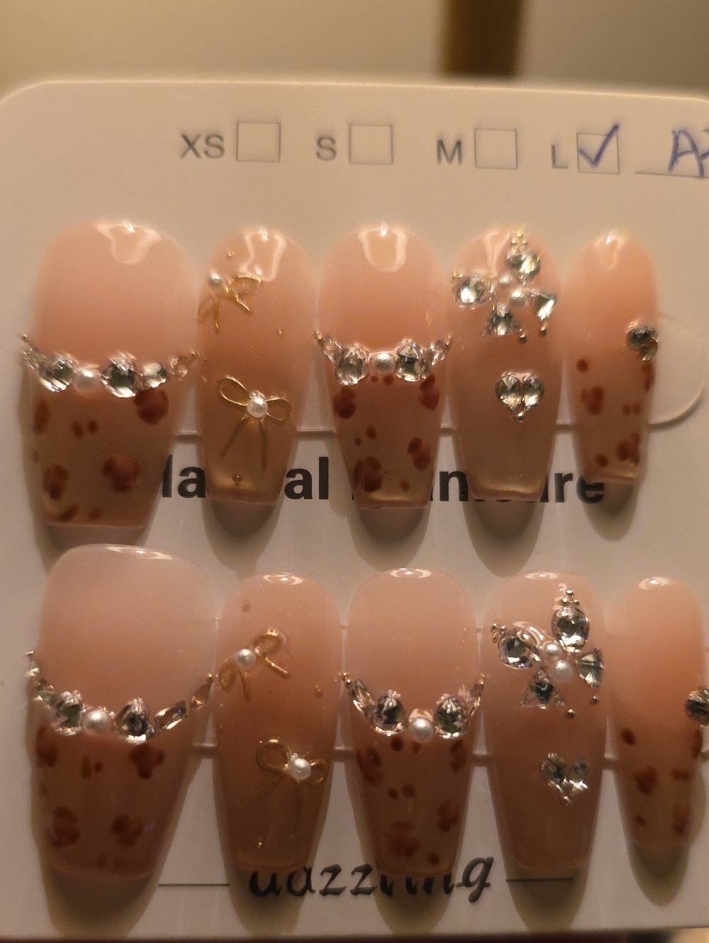 Nude Pink Leopard Press-On Nail Set with Rhinestone Bow Accents Size Large